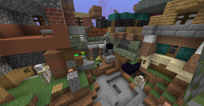 A photo from within the Noobslum on January 13, 2026. The center of the complex is severely damaged from TNT.