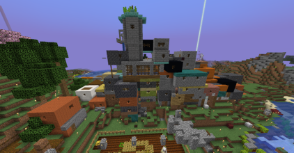 A photo from the west side of the Noobslum on January 7, 2026. The slum is multiple layers tall, populated with villagers, and complete with a tower and bathhouse.