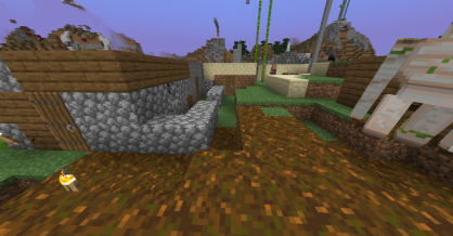 An image from within the Noobslum on January 5, 2026. There is only one level of housing so far, and remnants of an earlier build can be seen in the building on the left.